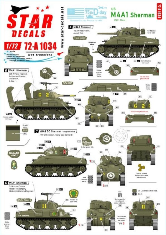 Star Decals 72-A1034 US M4A1 Sherman. 75th-D-Day-Special.Normandy and France in 1944.3rd Armored Division, 66th Armored Regiment, 70th Tank Battalion, 741st Tank Battalion 1/72