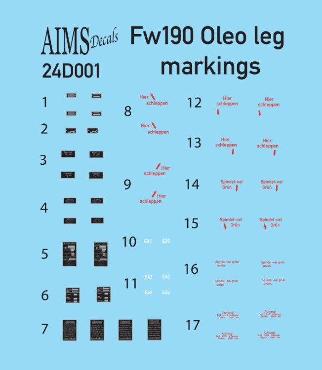 Aims AIMS24D001 Focke-Wulf Fw-190A-5/Fw-190A-6 Oleo leg stencils (designed to be used with Airfix kits) 1/24