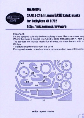 New Ware NWA-M0145 Mask SAAB J-32 B/E Lansen BASIC (HOBBY81752) 1/48