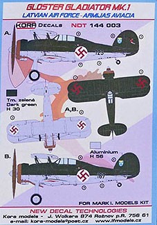 Kora Model NDT144003 Gloster Gladiator Mk.I Latvian AF декали 1/144