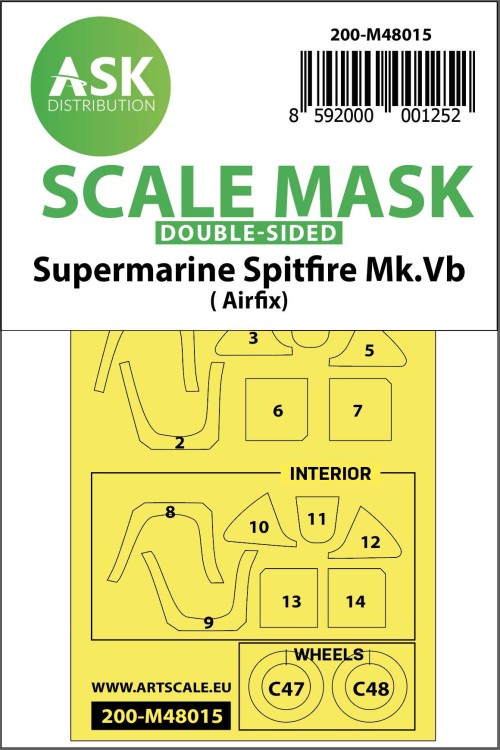 Art Scale 200-M48015 Supermarine Spitfire Mk.Vb wheels and canopy frame paint masks (inside & outside) 1/48