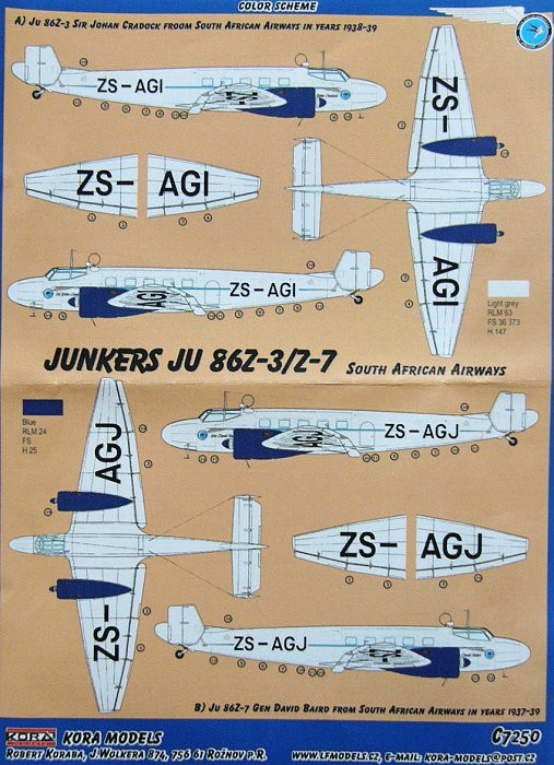 Kora Model C7250 Ju 86Z-3/Z-7 South African Airways - Conv.Set 1/72