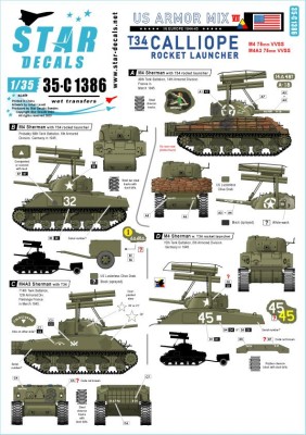 Star Decals 35-C1386 US Armored Mix # 8.T34 Calliope Rocket launcher.Markings for US M4 and M4A3 Shermans in France and Germany 1945 1/35