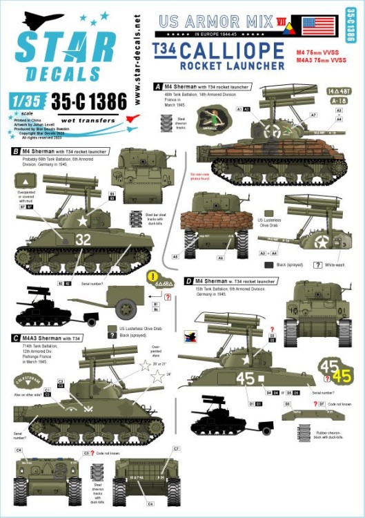Star Decals 35-C1386 US Armored Mix # 8.T34 Calliope Rocket launcher.Markings for US M4 and M4A3 Shermans in France and Germany 1945 1/35