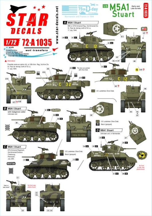 Star Decals 72-A1035 US M5A1 Stuart. 75th-D-Day-Special.Normandy and France in 1944.Early and Late turrets. 67th Armored Division, 67th Armored Regiment, 37th Tank Battalion 1/72