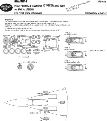 New Ware NWA-M1144 Mask MiG-29 Fulcrum-A 9-12 late Advanced(GWH) 1/72