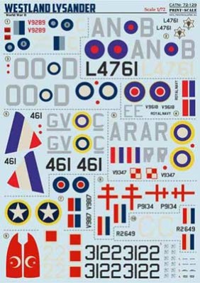 Print Scale 72-129 Westland Lysander Wet decal 1/72