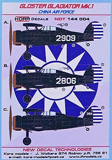 Kora Model NDT144004 Gloster Gladiator Mk.I China AF декали 1/144