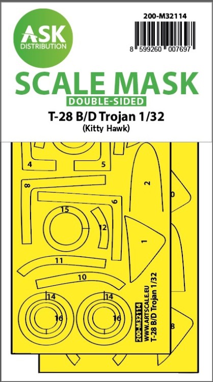 Art Scale 200-M32114 North-American T-28-B/D Trojan wheels and canopy frame paint mask (inside and outside) 1/32