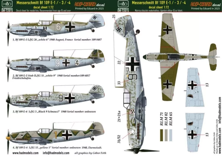 HAD DW72015 Decal Bf 109 E-1/E-3/E-4 (dry-water) 1/72