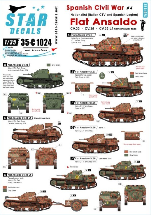 Star Decals 35-C1024 Spanish Civil War # 4. Fiat Ansaldo. CV.33, CV.35, CV.33 Lf Flamethrower 1/35