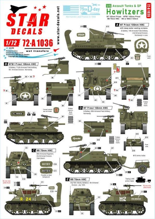 Star Decals 72-A1036 US Assault Tanks & S.P. Howitzers. 75th-D-Day-Special.Normandy and France in 1944.M7 / M7B1 105mm Priest, M8 75mm HMC, M4 105mm Sherman 1/72