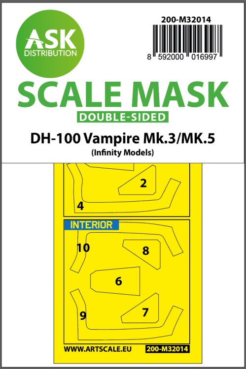 Art Scale 200-M32014 de Havilland DH-100 Vampire Mk.5 canopy frame paint masks (inside & outside) 1/32