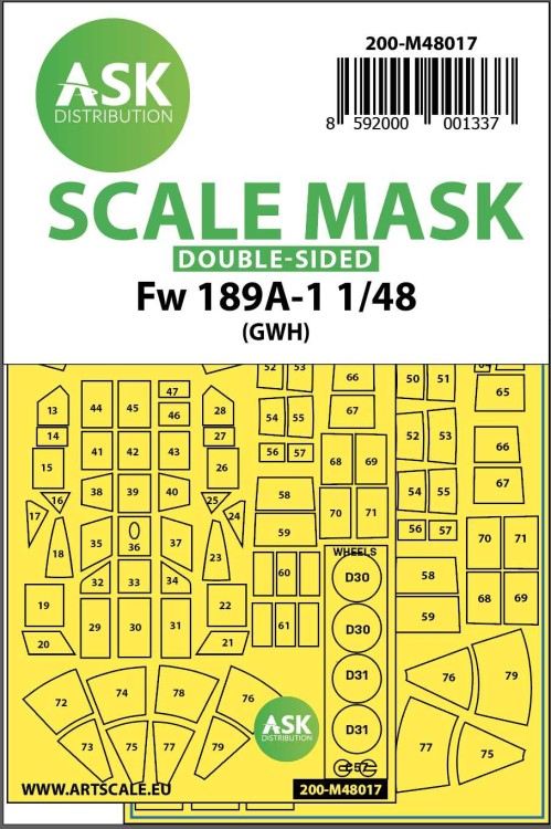 Art Scale 200-M48017 Focke-Wulf Fw-189A-1/Fw-189A-2 wheels and canopy frame paint masks (inside & outside) 1/48