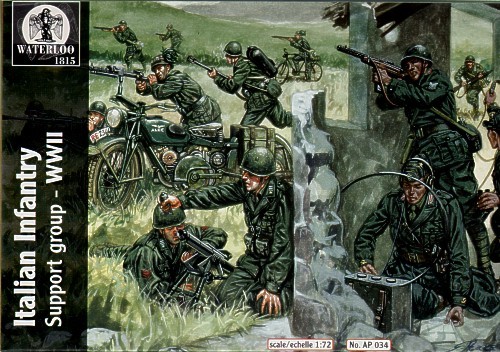 Waterloo 1815 WLAP034 Italian Infantry Support Group (WWII) (34 pieces) Includes 2 each motorbike, radio operators, machine gun crew, bycycle and rider etc 1/72