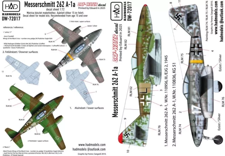 HAD DW72017 Decal Messerschmitt 262 A-1a (dry-water) 1/72