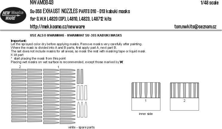 New Ware NWA-M0849 Маска Su-35S EXH.NOZZLES parts D10-D13 (GWH) 1/48