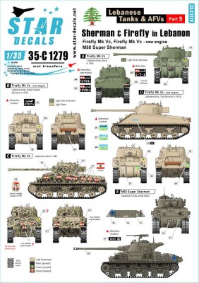 Star Decals 35-C1279 Middle East in the 1950s Egypt Shermans and T-34 tank markings.Sherman Mk.III (M4A2), Sherman Mk.V (M4A4).T-34/85(Sinai 1956).Valentine Archer tractor (Sinai 1956).(Soviet) 1/35