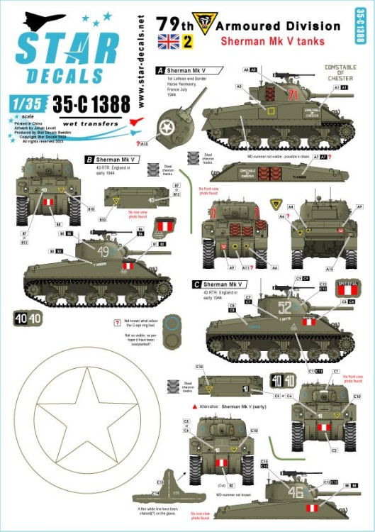 Star Decals 35-C1388 Sherman Mk.V tanks. British 79th Armoured Division. In France 1944, and pre D-Day exercises i England 1/35