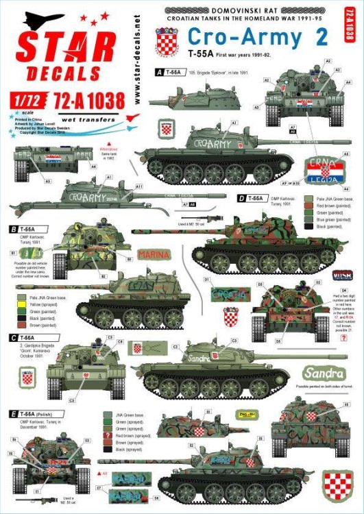 Star Decals 72-A1038 CRO-ARMY # 2. Domovinski Rat / Homeland War 1991-95.T-55A Tanks. First war years 1991-92. [Soviet] 1/72