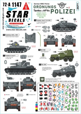 Star Decals 72-A1147 Ordnungs Polizei # 2.Tanks and Armoured Cars. Anti Partisan and Security service.Pz.Kpfw.I Ausf.F VK.1801, Hotchkiss H38 or H39, Pz.Kpfw.IV Ausf.F, BA-10M 1/72