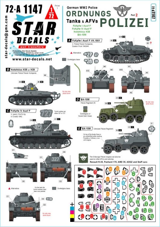 Star Decals 72-A1147 Ordnungs Polizei # 2.Tanks and Armoured Cars. Anti Partisan and Security service.Pz.Kpfw.I Ausf.F VK.1801, Hotchkiss H38 or H39, Pz.Kpfw.IV Ausf.F, BA-10M 1/72