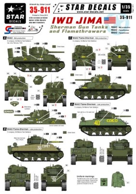 Star Decals STAR35911 Iwo Jima. Sherman Gun and Flame tanks. M4A2 Mid production, M4A2 Flame tank, M4A3 Flame tank 1/35