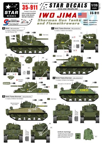 Star Decals STAR35911 Iwo Jima. Sherman Gun and Flame tanks. M4A2 Mid production, M4A2 Flame tank, M4A3 Flame tank 1/35