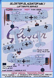 Kora Model NDT144006 Gloster Gladiator Mk.I Luftwaffe декали 1/144