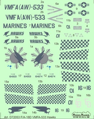 Model Maker Decals D72053 McDonnell-Douglas F/A-18D VMFA-533 Hawks 1/72