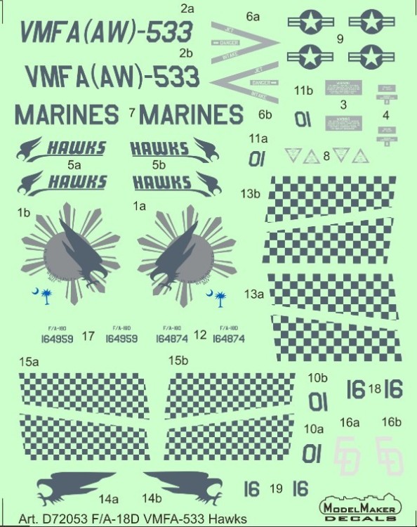 Model Maker Decals D72053 McDonnell-Douglas F/A-18D VMFA-533 Hawks 1/72