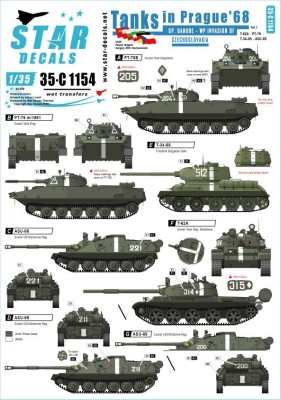 Star Decals 35-C1154 Tanks in Prague 1968. Soviet T-62A, PT-76 m/1951, PT-76B, T-34-85, ASU-85 1/35