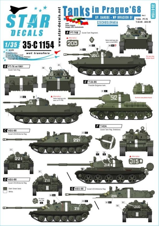 Star Decals 35-C1154 Tanks in Prague 1968. Soviet T-62A, PT-76 m/1951, PT-76B, T-34-85, ASU-85 1/35