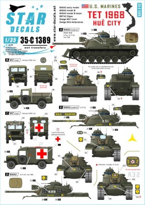 Star Decals 35-C1389 Tet 1968 - HuГ© City. US Marines tanks and vehicles. M48A3 early model, M48A3 model B, M48A3 model B Dozer-tank,M67A2 'Zippo' Flame-tank,, Dodge M37 truck and and Dodge M43 ambulance 1/35