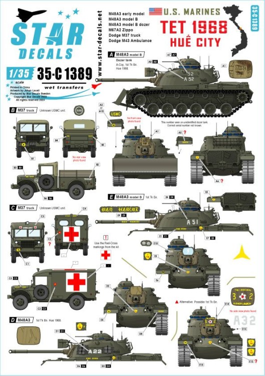 Star Decals 35-C1389 Tet 1968 - HuГ© City. US Marines tanks and vehicles. M48A3 early model, M48A3 model B, M48A3 model B Dozer-tank,M67A2 'Zippo' Flame-tank,, Dodge M37 truck and and Dodge M43 ambulance 1/35