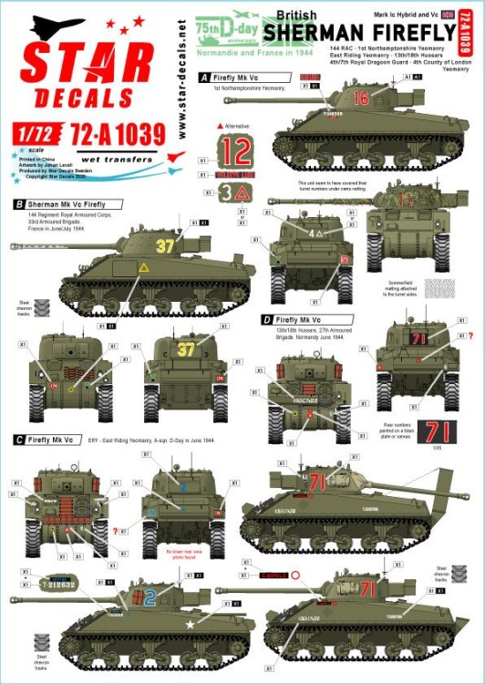 Star Decals 72-A1039 British Sherman Firefly. 75th D-Day Special. Sherman Mk.IC Hybrid and Mk.VC Firefly.144 RAC . 1st Northamptonshire Yeomanry, East Riding Yeomanry, 13th/18th Hussars, 4th/7th Royal Dragoon Guard, 4th County of London Yeomanry 1/72
