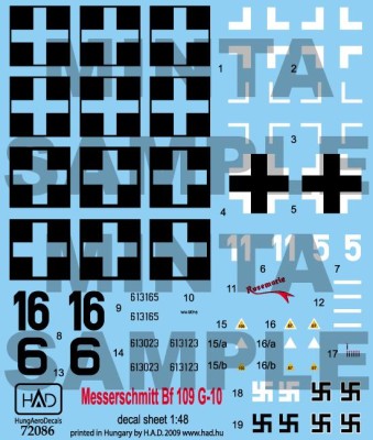 HAD 72086 Decal Messerschmitt Bf 109 G-10 1/72