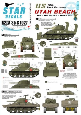Star Decals 35-C1027 U.S. 70th Tank Battalion on Utah Beach - M4 , M4 Dozer, M4A1 DD Sherman 1/35