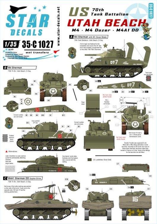 Star Decals 35-C1027 U.S. 70th Tank Battalion on Utah Beach - M4 , M4 Dozer, M4A1 DD Sherman 1/35