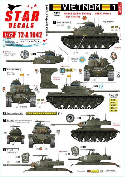 Star Decals 72-A1042 Vietnam 1. M24 Chaffee, M41 Walker Bulldog and M48A3 Patton inSouth Vietnamese army, ARVN - Army of the Republic of Vietnam 1/72