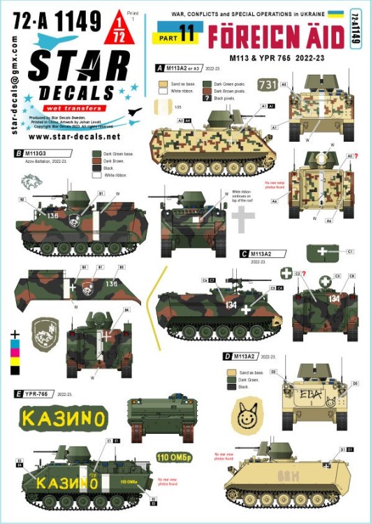 Star Decals 72-A1149 War in Ukraine # 11Foreign Aid to Ukraine 2022-23.M113A2/A3, M113G3 and YPR-765 1/72