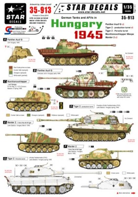 Star Decals STAR35913 German tanks in Hungary 1945. Panther Ausf.G , Tiger 2, Marder 2. Hungary and Balaton in 1945. Panther Ausf.G Tiger 2, Tiger 2 (Porsche turret) Munitionsschlepper Wespe, Marder 2 1/35