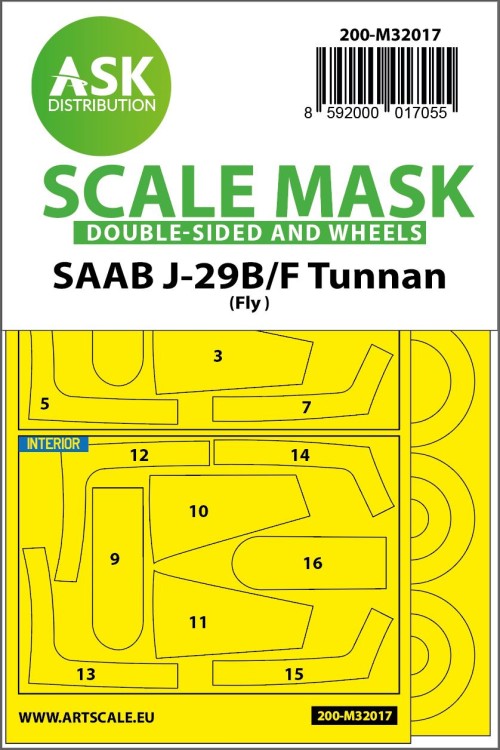 Art Scale 200-M32017 Saab J-29B/J-29F wheels and canopy frame paint masks (inside & outside) Kabuki masking foil 1/32