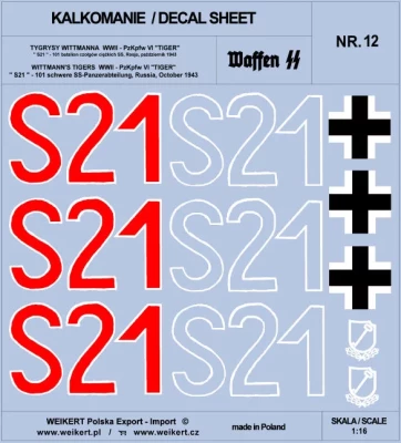 Weikert Decals 212 TIGER I 'S21' 101st SS, Russia, October 1943 1/16