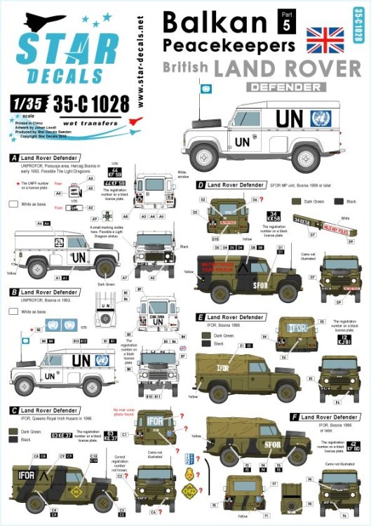 Star Decals 35-C1028 Balkan Peacekeepers # 5. British Landrover Defender UN, IFOR, SFOR 1/35