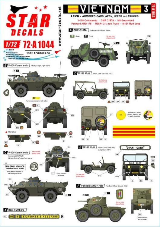 Star Decals 72-A1044 Vietnam ARVN # 3. V-100 Commando, Greyhound and other AFVs in South Vietnam army 1/72