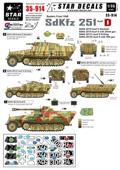 Star Decals STAR35914 Eastern front 1945 German Sd.Kfz.251 Ausf.DLate war German Sd.Kfz.251 Ausf.DGerman Sd.Kfz.251/9 Ausf.D StummelGerman Sd.Kfz.251/9 Ausf.D with 20mm KwK 38 gunGerman Sd.Kfz.251/21 Ausf.D DrillingGerman Sd.Kfz.251/22 Ausf.D with PAK gun