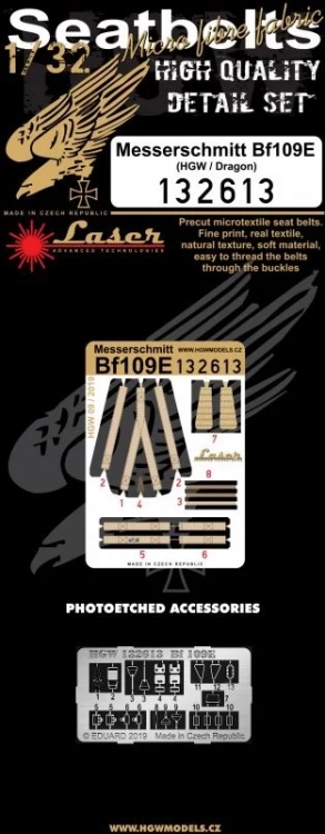 HGW 132613 Seatbelts Messerschmitt Bf 109E (laser) 1/32