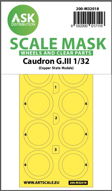 Art Scale 200-M32018 Caudron G.III wheels and canopy frame paint masks (outside only) Kabuki masking foil 1/32