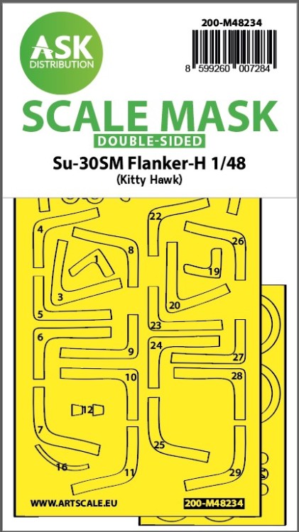 Art Scale 200-M48234 Sukhoi Su-30SM Flanker H wheels and canopy frame paint mask (inside and outside) 1/48